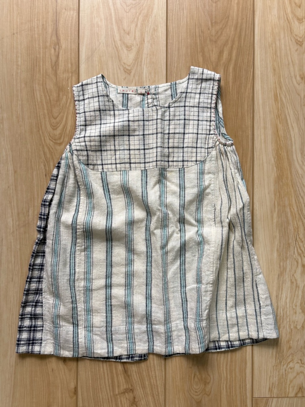 Injiri 2T linen sleeveless dress striped plaid neutral minimalist scandi summer